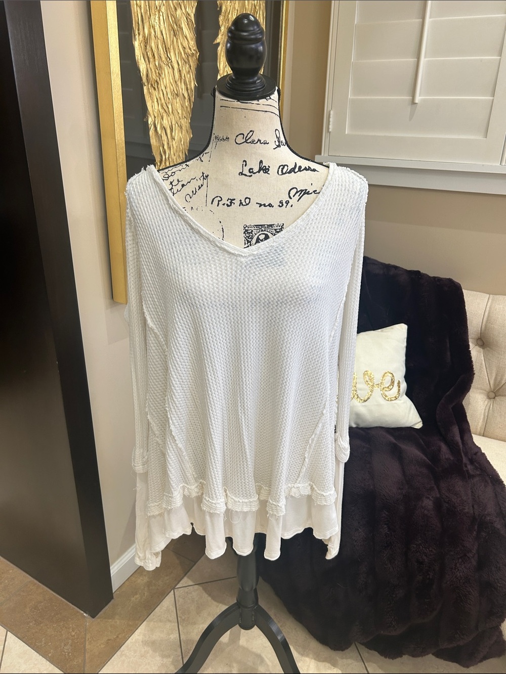 Free People White Waffle Knit Tunic with Ruffle Hem
